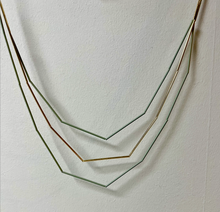 Load image into Gallery viewer, Sage Geometric Long necklace made up of tiny long tubular metal beads threaded together to create a spectacular necklace