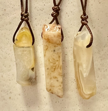Load image into Gallery viewer, Yellow agate crystal pendants - a creamy yellow stone with lots of benefits on a brown cord adjustable cord