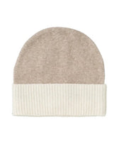 Load image into Gallery viewer, Keep warm with this two tone rib detail hat. In a soft taupe colour, the ribbed trim is in cream. A stylish accessory to keep you warm. Crafted from a wool blend for luxury cosiness. 