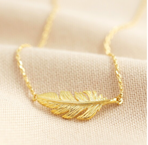 A gold delicate detailed feather on a plain chain. Made from 18ct gold plated metal