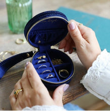 Load image into Gallery viewer, Navy Velvet Mini Round Travel Jewellery Case