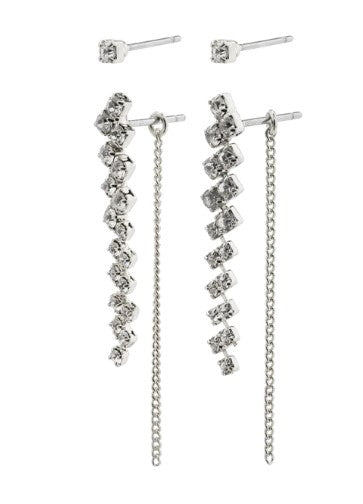 A 2 in 1 earring set from Pilgrim. The set compromises of a crystal stud, and another pair which is long and elegant, featuring a drop wavey crystal pendant measuring 3cm in length, and at the back there is a delicate chain which hangs to create a soft elegant look. Silver plated. 