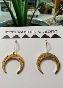 Brass crescent moon earrings with mystic designs on gold plated hooks