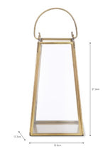 Load image into Gallery viewer, This elegant lantern is made from brass. It features glass sides, and to the top there is a brass handle which can be lifted up or down. The lantern has a flat base so candles can be stood inside, and to the underneath there is a black felt base so it can stand on a table or mantelpiece