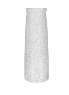 A tall elegant bottle vase in a cream ceramic crackle glaze. Perfect for displaying a few stems of flowers or foliage. 