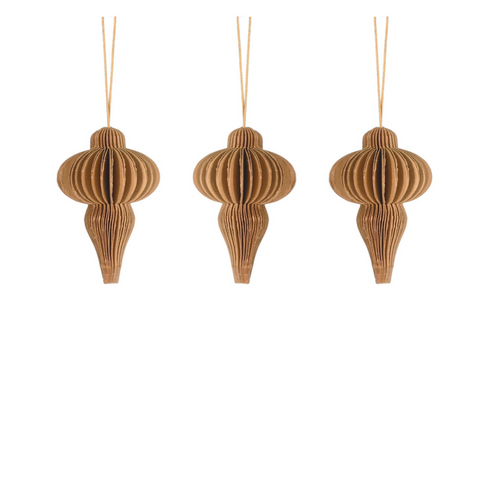 Paper drop baubles made from honeycomb paper in cinnamon gold