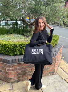 This black recycled bag has bold silver glitter KILLER QUEEN on it