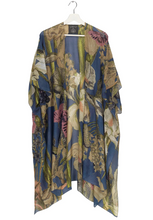 Load image into Gallery viewer, A mid length lightweight kimono in night blue with images takes from Kew Gardens of iris. Eco friendly 