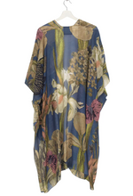 Load image into Gallery viewer, A mid length lightweight kimono in night blue with images takes from Kew Gardens of iris