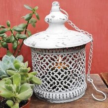 Load image into Gallery viewer, A rustic lantern with antique detail and a chain and hook to hang it. 28 X 19 cm 