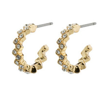 Load image into Gallery viewer, With crystals in gold plated metal, these earrings are edgy with the crystals in a zig zag formation. With a post fastening to the back. Hoop earrings. 