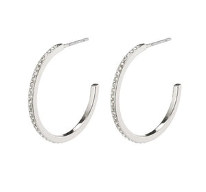A large open hoop earring, clear crystals encased in polished silver plated metal. With a post fastening to the back.