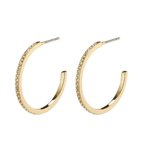 Large semi hoop earrings with clear crystals encased in polished gold plated metal. With a post fastening to the back. 