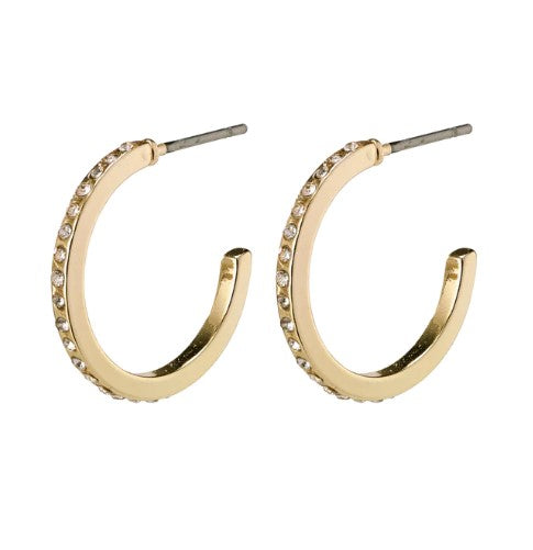 Semi hoop earrings with a diameter of 17m. Polished gold plated metal encased with clear crystals. A post fastening to the back. 