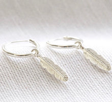 Load image into Gallery viewer, Sterling Silver Feather Charm Hoop Earrings