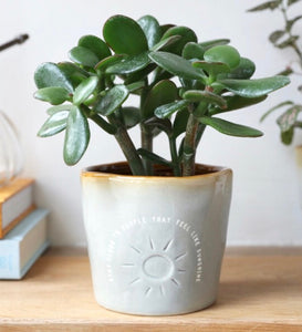 A glazed ceramic pot with a simple image of a sunshine on it and the words "stay close to people that feel like sunshine'