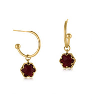 Load image into Gallery viewer, Ruby red small drop crystal earrings on a 1.5 cm hoop in gold