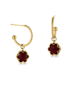 Ruby red small drop crystal earrings on a 1.5 cm hoop in gold