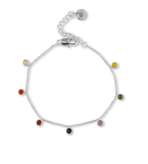 A delicate silver chain bracelet with a range of round crystal stones in  different colours.