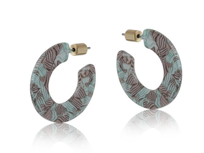 Made from recycled resin, these ladies hoop earrings have a beautiful pattern on them in green and brown. With surgical steel posts to the back so you can take them out with ease. 