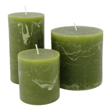 Load image into Gallery viewer, Deep green pillar candles in three different sizes