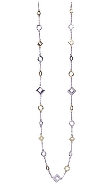 A long ladies necklace, adorned with geometric shapes of circles, oval and squares. In between each shape silver links provide a delicate look. Clasp fastening and extender chain to the back. 