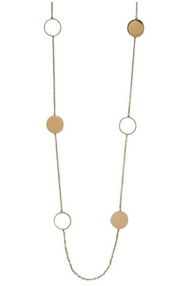 A ladies necklace in a gold colour featuring circular discs to the chain, alternating between a solid disc and an outline circular disc, creating a delicate necklace to wear with any outfit. 