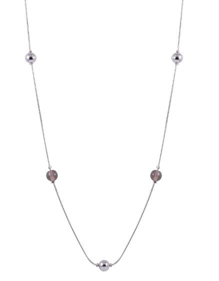 This long ladies necklace is beautiful, with silver coloured and semi precious beads along the silver coloured stone. it has a fastening to the back so you can adjust the length. 