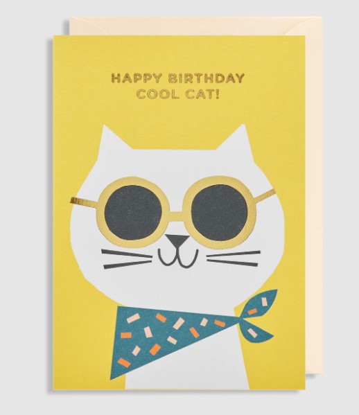 A birthday card, featuring a cat to the front wearing sunglasses. With the words happy birthday cool cat to the front. Blank inside. 