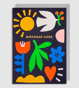 With a dark background, the bright colours on the sun, flower, peace dove and heart in their simplistic and modern shapes stand out. Blank inside. 