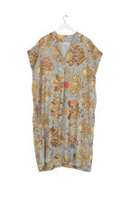 Load image into Gallery viewer, A midi length dress in a beautiful soft and elegant print based on Tudor silk embroidery. The background of the dress is pale grey blue with neutral tones to the print with subtle hints of pink and blue. A midi length, dropped shoulder short sleeve, V neck and pleat to front neck. One size.