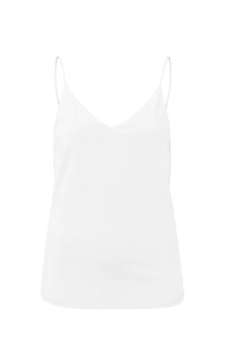 A basic white spaghetti strap vest top in a luxe and soft jersey fabric, with a lightweight jersey lining underneath. 
