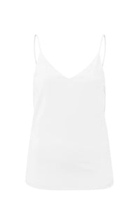 A basic white spaghetti strap vest top in a luxe and soft jersey fabric, with a lightweight jersey lining underneath. 