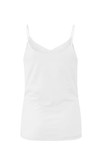 A basic white spaghetti strap vest top in a luxe and soft jersey fabric, with a lightweight jersey lining underneath.
