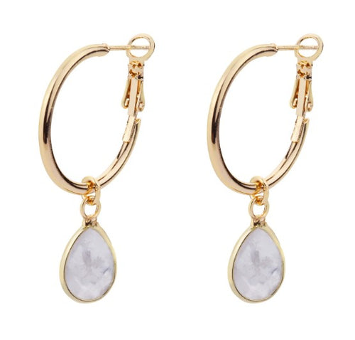 Gold plated hoop earrings with a lever fastening. A moonstone charm to the hoop which moves freely and moves as you do. 