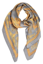Load image into Gallery viewer, A ladies scarf measuring 110cm x 110cm in a grey and mustard baroque style print. Super soft and silk like drapey fabric. 