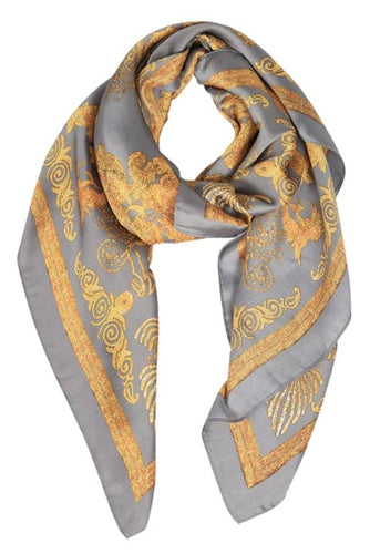 A ladies scarf measuring 110cm x 110cm in a grey and mustard baroque style print. Super soft and silk like drapey fabric. 