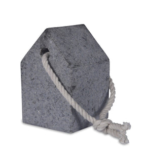 Granite door stop in shape of a house with a hemp rope