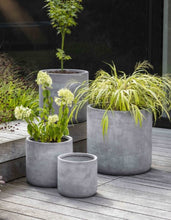 Load image into Gallery viewer, A weatherproof and frostproof fibre clay planter. Minimalist in style with simple straight block shape. 27cm diameter.