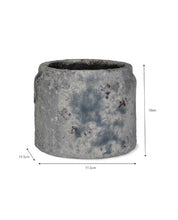 Load image into Gallery viewer, In a shape reminiscent of a marmalade jar the speckled glazed appearance has shades of white, grey, brown and blue giving it a unique effect.