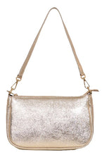 Load image into Gallery viewer, A ladies handbag in a classic baguette style shape. With two detachable straps. One short so can be worn over the shoulder, the other longer and adjustable. Fabric lining with inner zipped pocket and two fabric pockets. Zip fastening to the top. Gold metallic leather. 