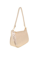 Load image into Gallery viewer, A ladies handbag in a classic baguette style shape. With two detachable straps. One short so can be worn over the shoulder, the other longer and adjustable. Fabric lining with inner zipped pocket and two fabric pockets. Zip fastening to the top. Gold metallic leather.