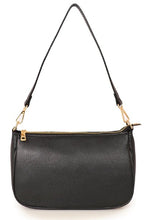 Load image into Gallery viewer, A classic womens baguette leather handbag. With a gold zip fastening to the top and gold metal hardware, it has two detachable straps, one is shorter and shoulder length, and the longer adjustable strap is perfect for across the body. Fabric lined with a zipper inner pocket and two fabric pockets. 