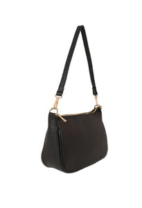 A classic womens baguette leather handbag. With a gold zip fastening to the top and gold metal hardware, it has two detachable straps, one is shorter and shoulder length, and the longer adjustable strap is perfect for across the body. Fabric lined with a zipper inner pocket and two fabric pockets.