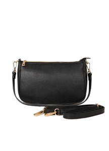 A classic womens baguette leather handbag. With a gold zip fastening to the top and gold metal hardware, it has two detachable straps, one is shorter and shoulder length, and the longer adjustable strap is perfect for across the body. Fabric lined with a zipper inner pocket and two fabric pockets.