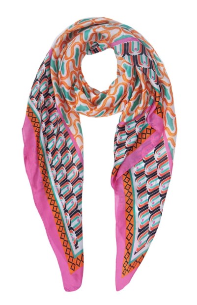 In bright fuchsia and orange, with accents of aqua, black and red this generous size ladies faux silk scarf drapes beautifully to accessorise any look. 