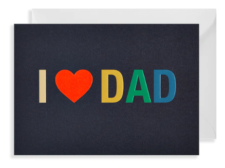 A bright and simple message stating 'I love you Dad' with the love replaced with a heart symbol. Measuring W109mm x H155mm it is blank inside for your own special message. It comes complete with an envelope in white. Lovingly printed in England