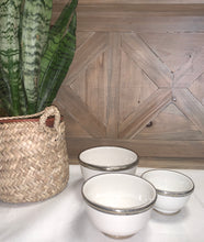 Load image into Gallery viewer, artisan made Moroccan white ceramic bowl with silver rim