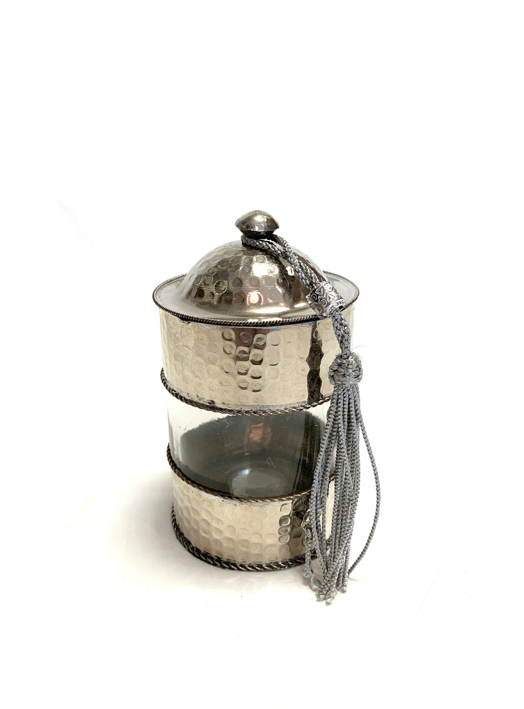 Small handcrafted Moroccan storage pot with beaten metal lid