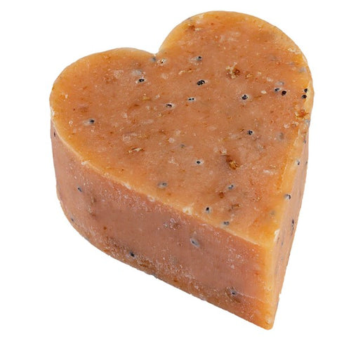 This orange coloured heart shaped palm free Heyland and Whittle soap has oatmeal and poppy seeds infused within to treat hardworking hands. 